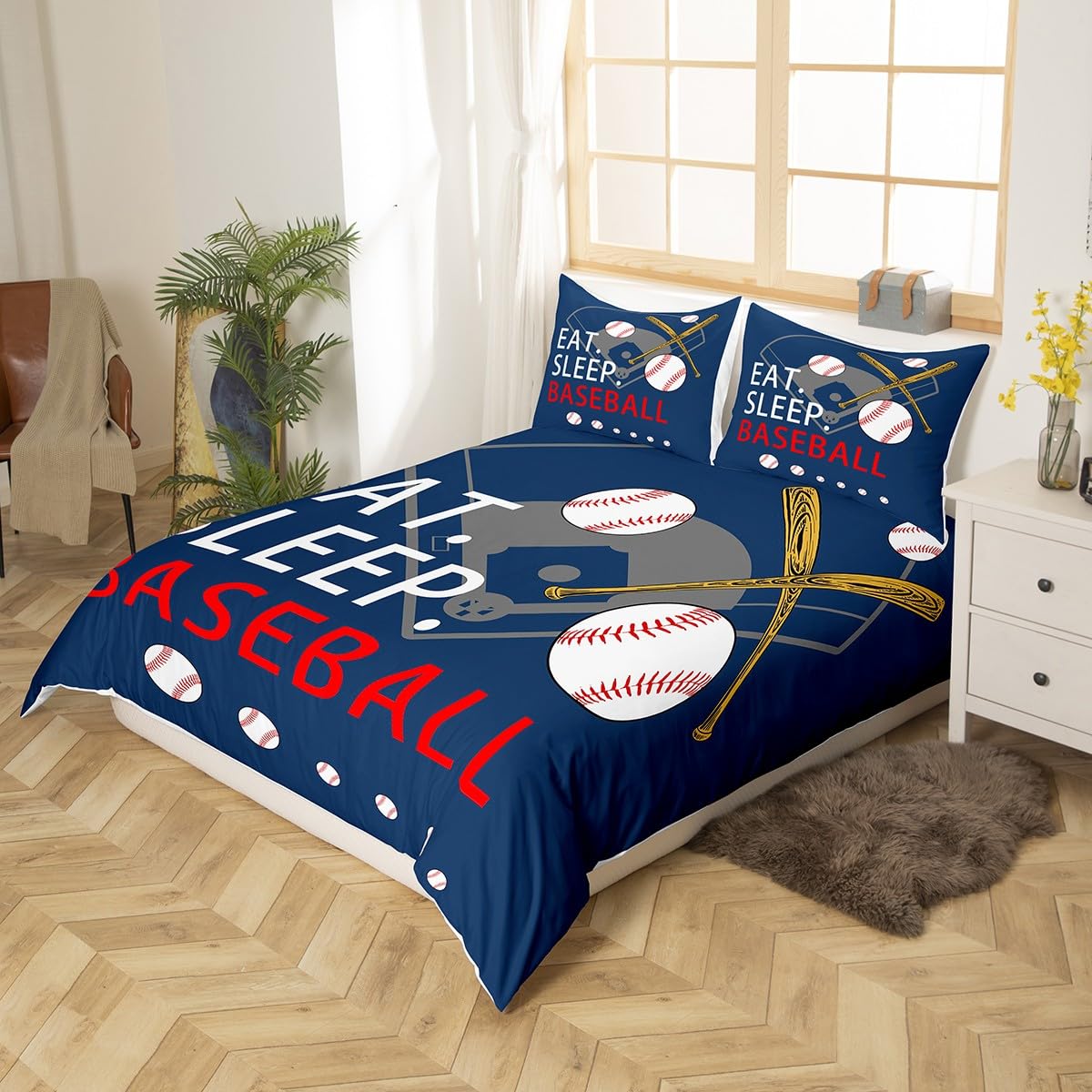richhome Kids Baseball Gaming Duvet Cover Junior/Cot Bed Navy Blue for Boys Girls Teens Bedroom Decor Softball Bedding Set Women Men Ball Games Comforter Cover Set including 1 Pillow Case - Image 3