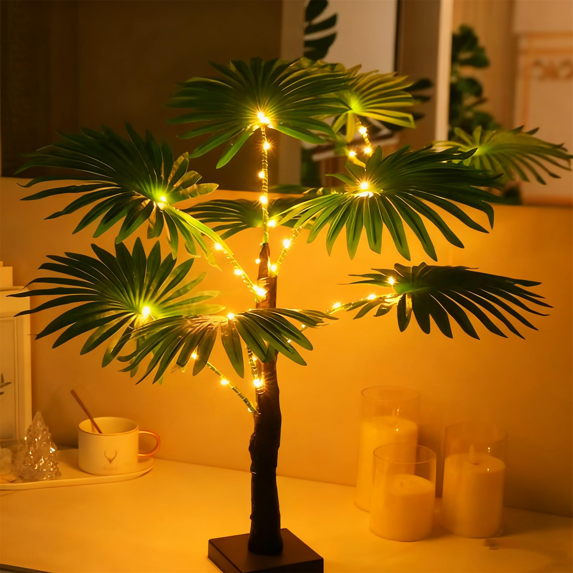 Künstliche LED Palmenlichter Dekorative Tischlampen 3 x AA Batterien oder USB Betrieben für Sommerpartys am Pool, Innenbereich Kamin im Haus, Schlafzimmer, Bürodekoration