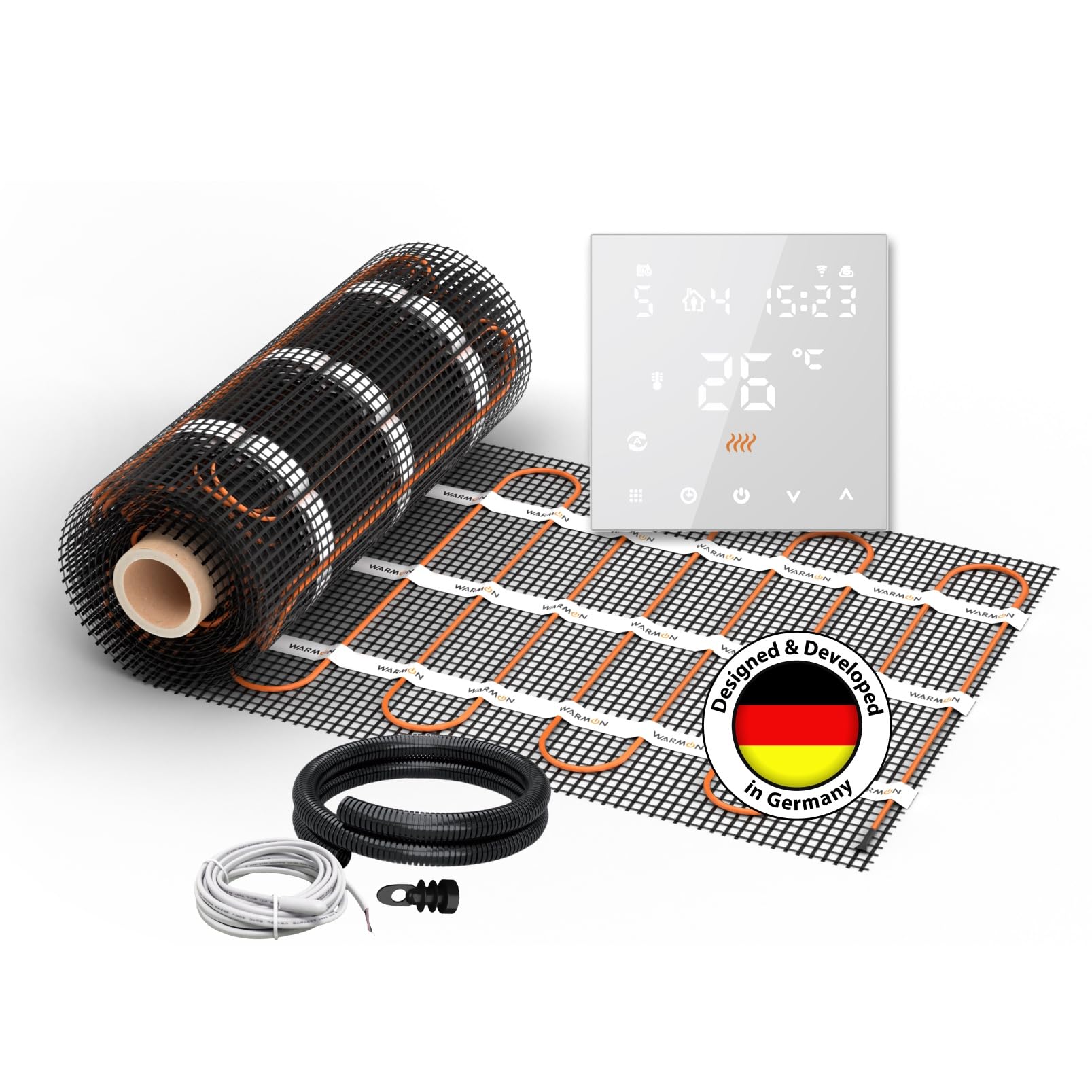 Elektrische Fußbodenheizung für Fliesen: Heizmatte WARMON CLASSIC 150 W/m² inkl. Smart WiFi Thermostat TS 300-Serie, Thermostat:TS 300 WiFi Weiß, Mattengröße:8 m²