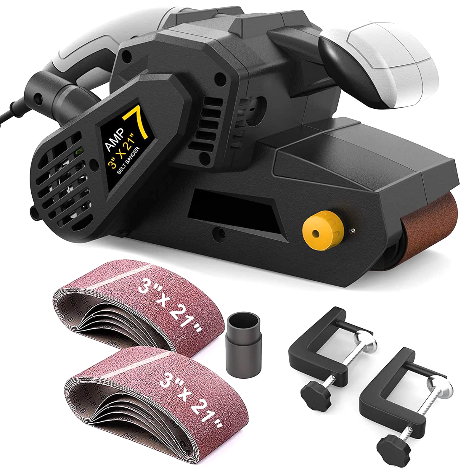 ACAGALA Lijadora de banda de 750 W, 75 mm x 533 mm, con 10 bandas de lijado y bolsas para el polvo, lijadora de mesa con regulación de velocidad variable 2 en 1, adaptador de aspiradora de 3 metros de