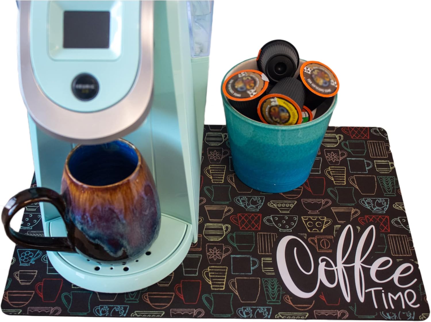 Coffee Maker Mat for Countertop – Absorbent, Non-Slip Coffee Bar Mat, Protects Counters from Spills, Washable Espresso Machine Mat (Always Coffee Time, 12x18)