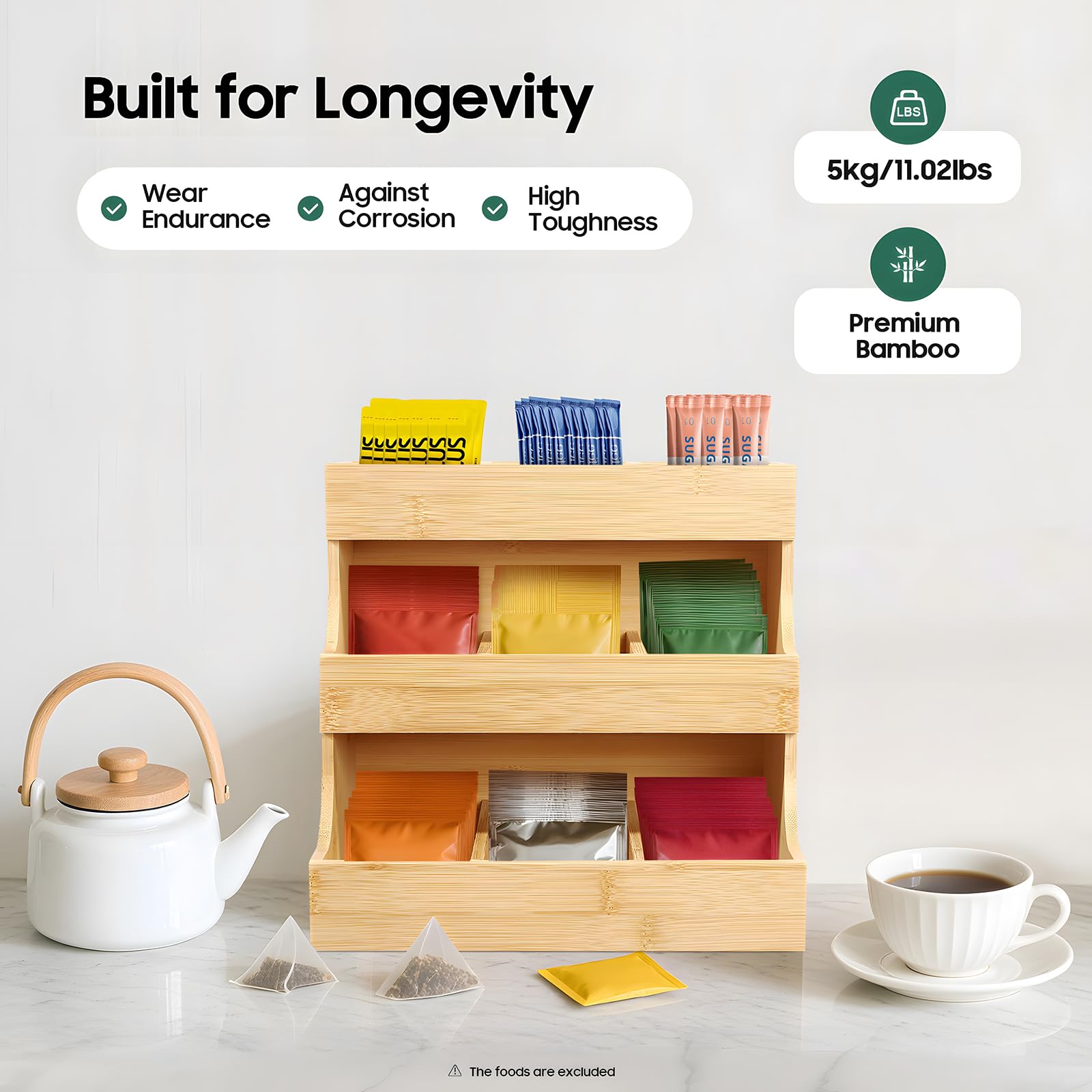 Organizador de bolsas de té de bambú con 9 compartimentos y 3 niveles (27 x 17,5 x 24 cm), capacidad de carga de 5 kg, para casa, oficina y cafetería, diseño sostenible