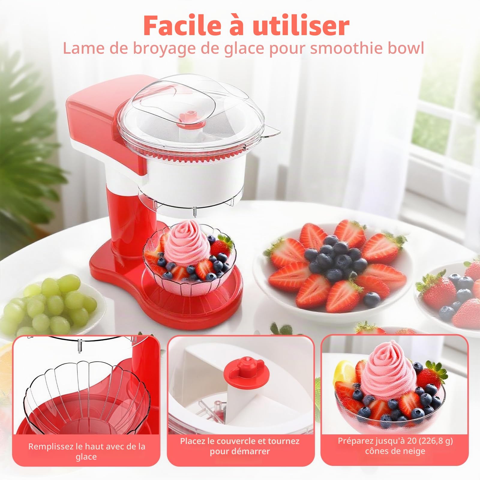 Broyeur à glace électrique, machine à granit avec lames en acier inoxydable amovibles et lavables, broyeur à glace électrique pour glace, granite, boules de neige et cocktail