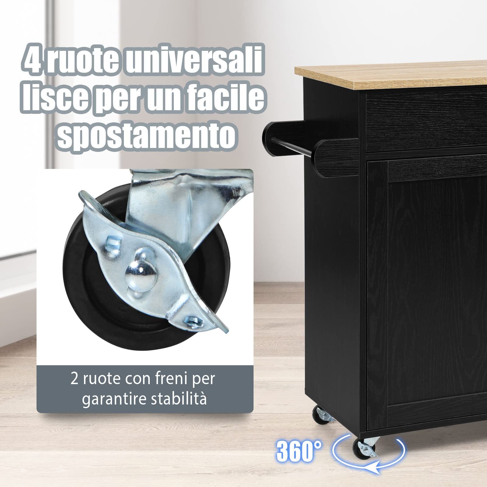 COSTWAY Carrello da Cucina con Ruote di Gomma, Scaffale per Microonde Carrello Servizio, Mobile Cucina con Ripiani e Ante, Credenza Cucina Legno Moderno Elegante, 116 x 37 x 85 cm (Nero)