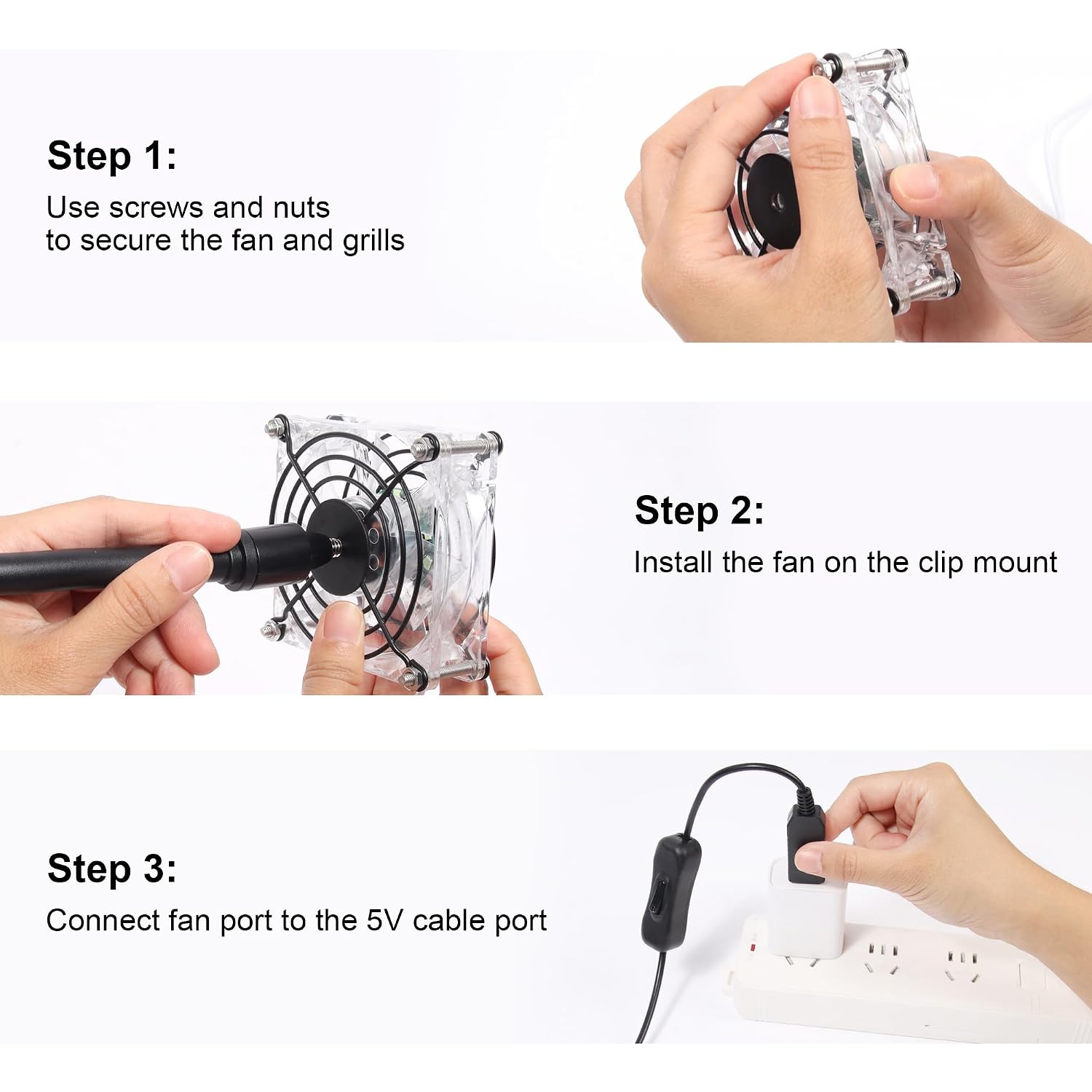 3.15" 80mm Grill Guard with Clip Mount and 5V USB Boost 12V Fan Adapter Compatible with 3Pin 4Pin Computer PC Case Fan for DIY Cooling Project Greenhouse, Aquarium, Plant Light, Succulent Plants