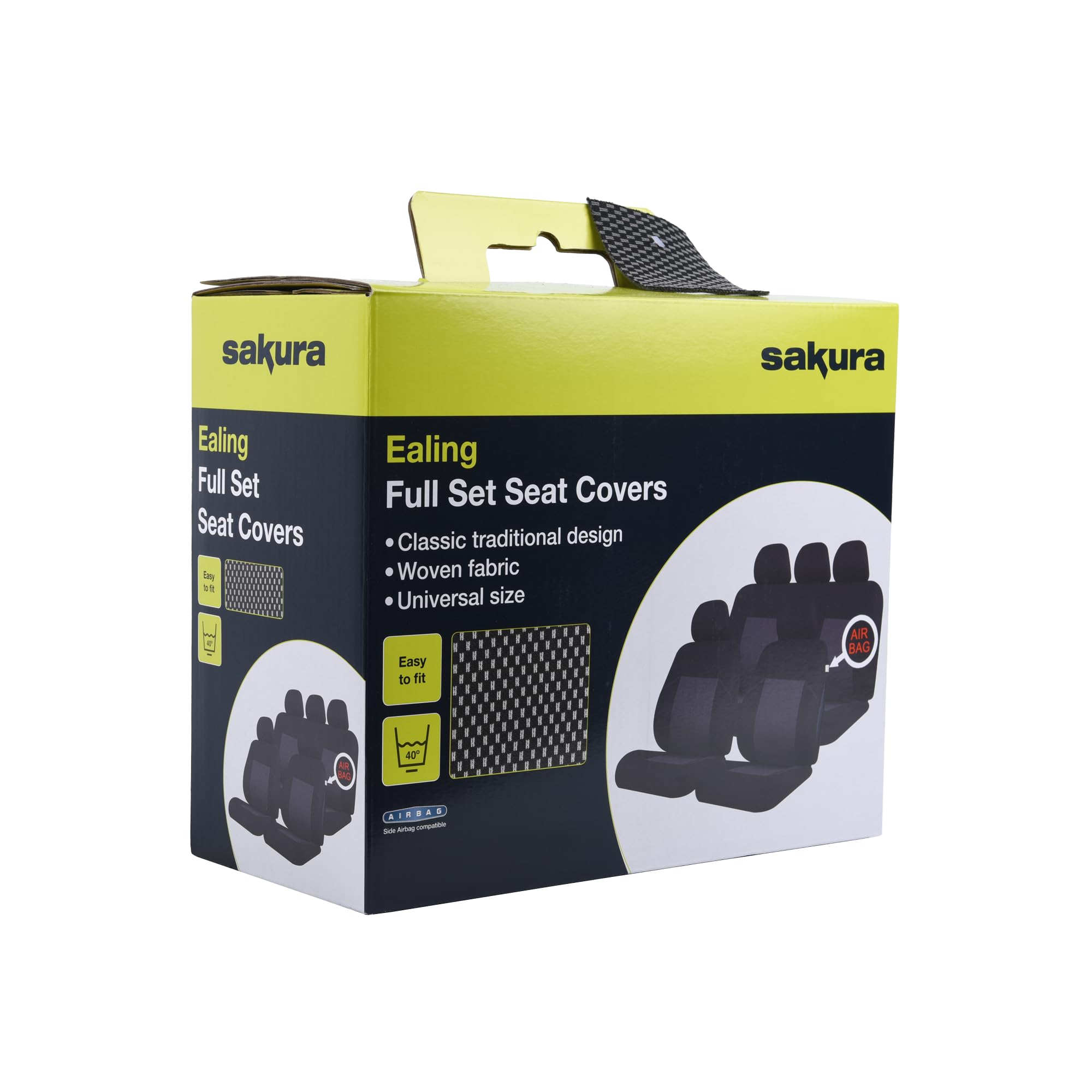 Sakura Ealing SS5291 - Fundas para Asientos y Reposacabezas Coche, Juego Completo, Tamaño Universal, Dobladillos Elásticos, Airbags Laterales Compatibles, Lavables, Colocación Sencilla, Color Negro