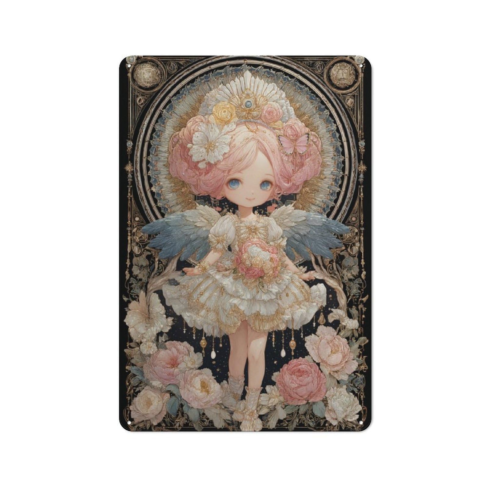 Junmoney Enchanted Floral Angel Tin Wall Plaque 30X20cm With For Bar Or Restaurant, Autumn Wall Decor For Hospitality Decor Collectors