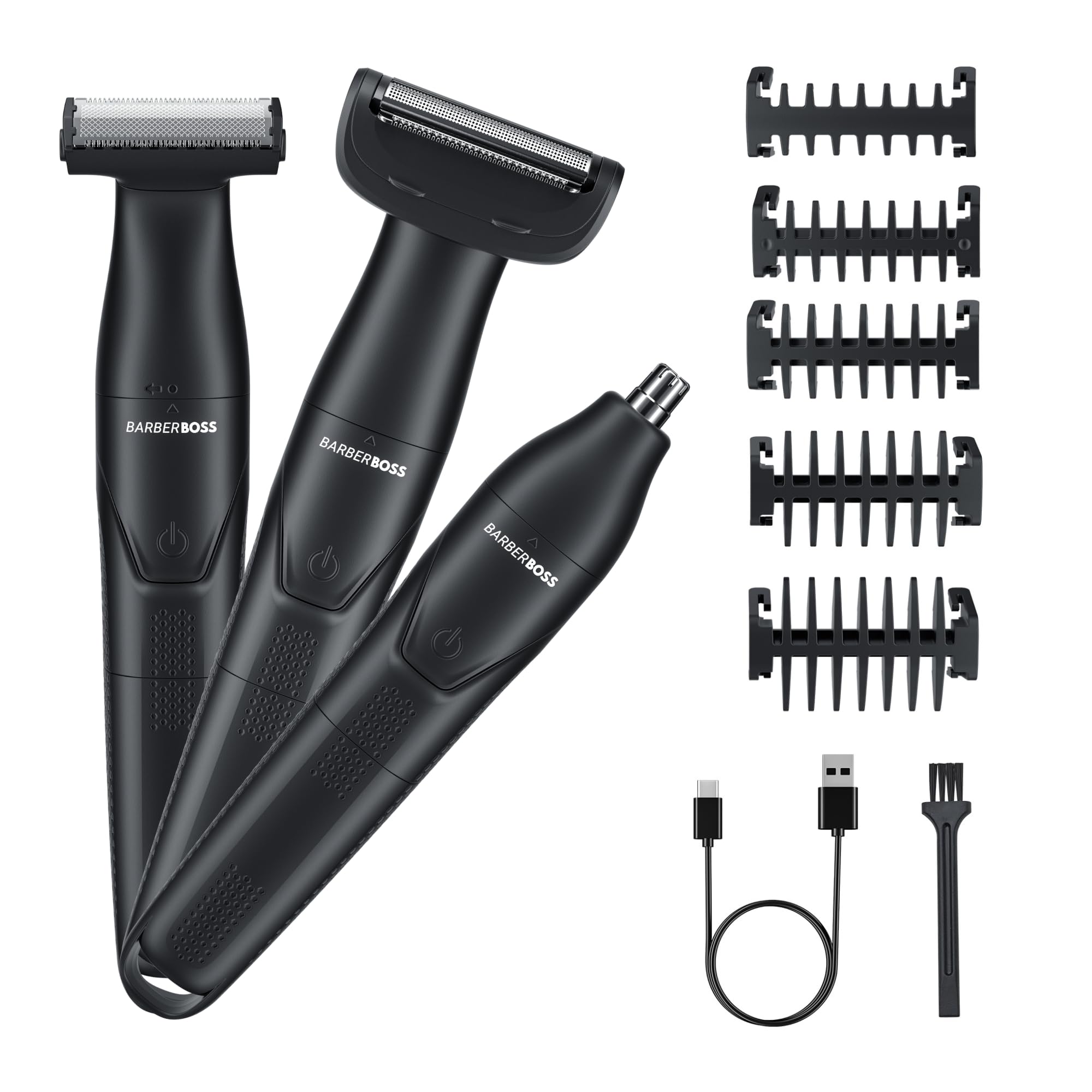 BarberBoss Set per la toelettatura dei dettagli, 3 in 1, per uomo, barba, parrucchiere, body groomer, trimmer naso e orecchie, rasoio senza fili con ricarica USB (Nero)