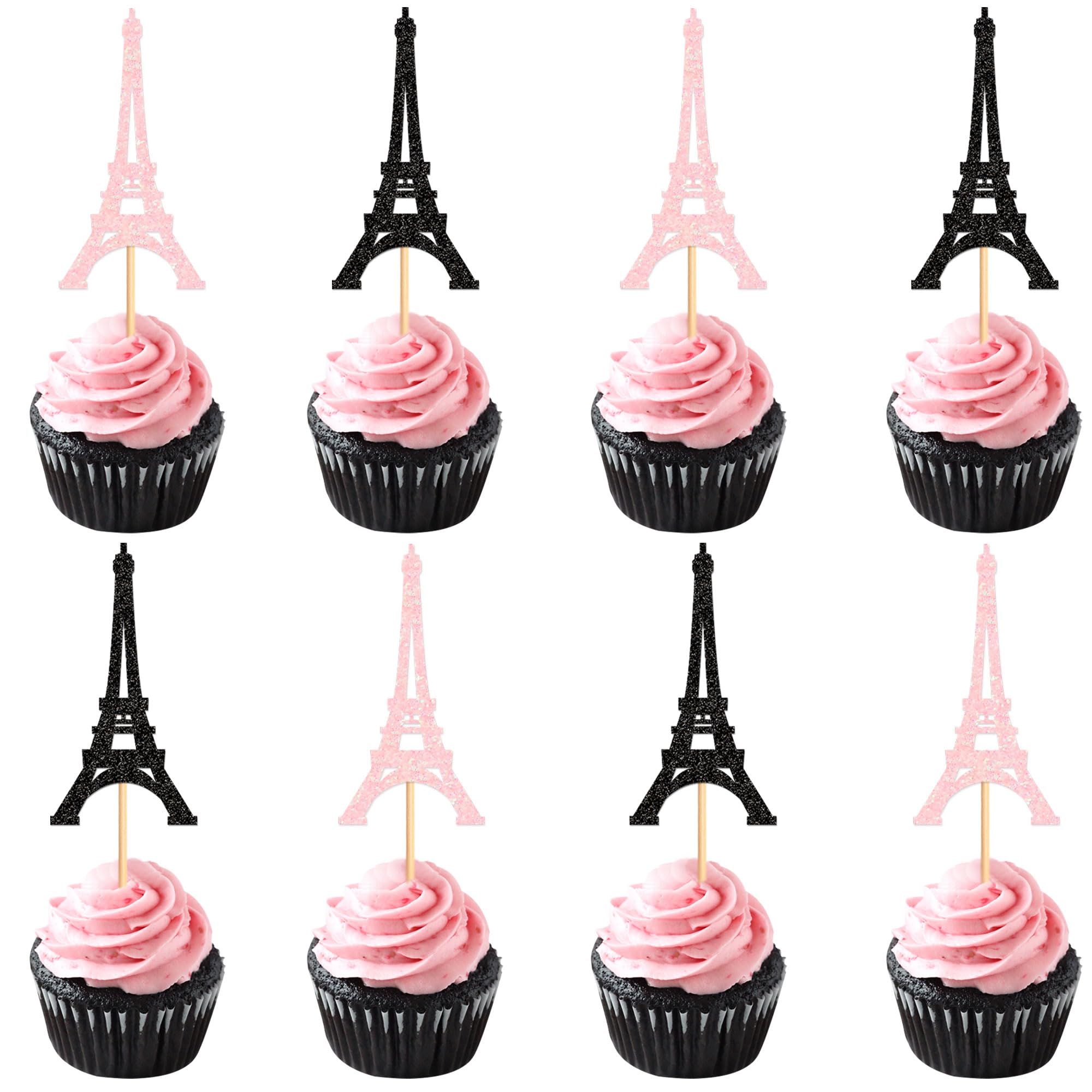 Blumomon 24Pcs Paris Party Cupcake Toppers Pink Black Paris Eiffel Tower Theme Cake Decoration Picks Romantic Eiffel Tower for Girls Birthday Romantic themes Party Decor Supplies