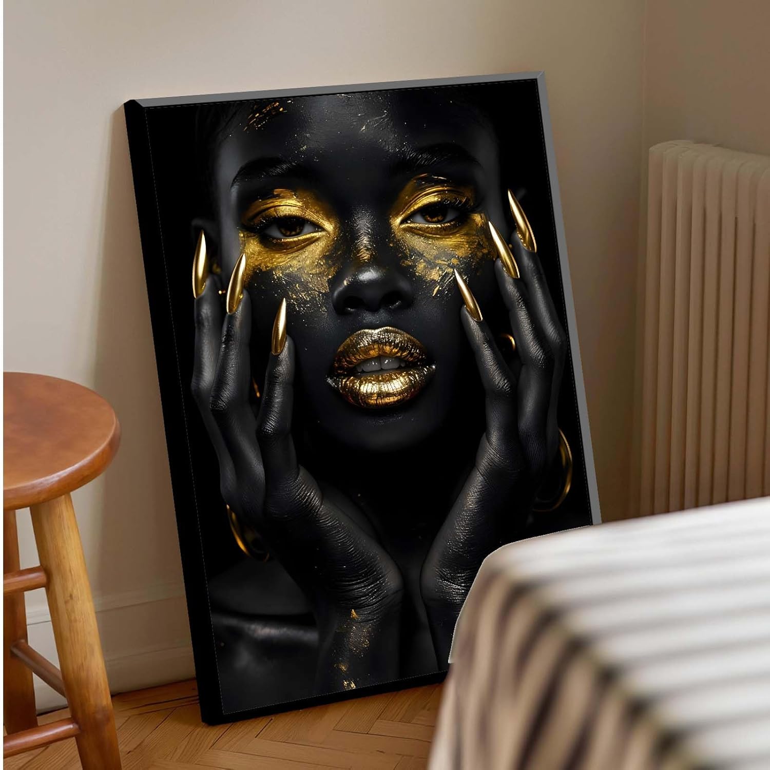 Gold African Women Canvas Painting Wall Art Black Women Canvas Print Women Portrait Print Canvas Wall Decor Poster Wall Decor 12x16in Metal blackFramed