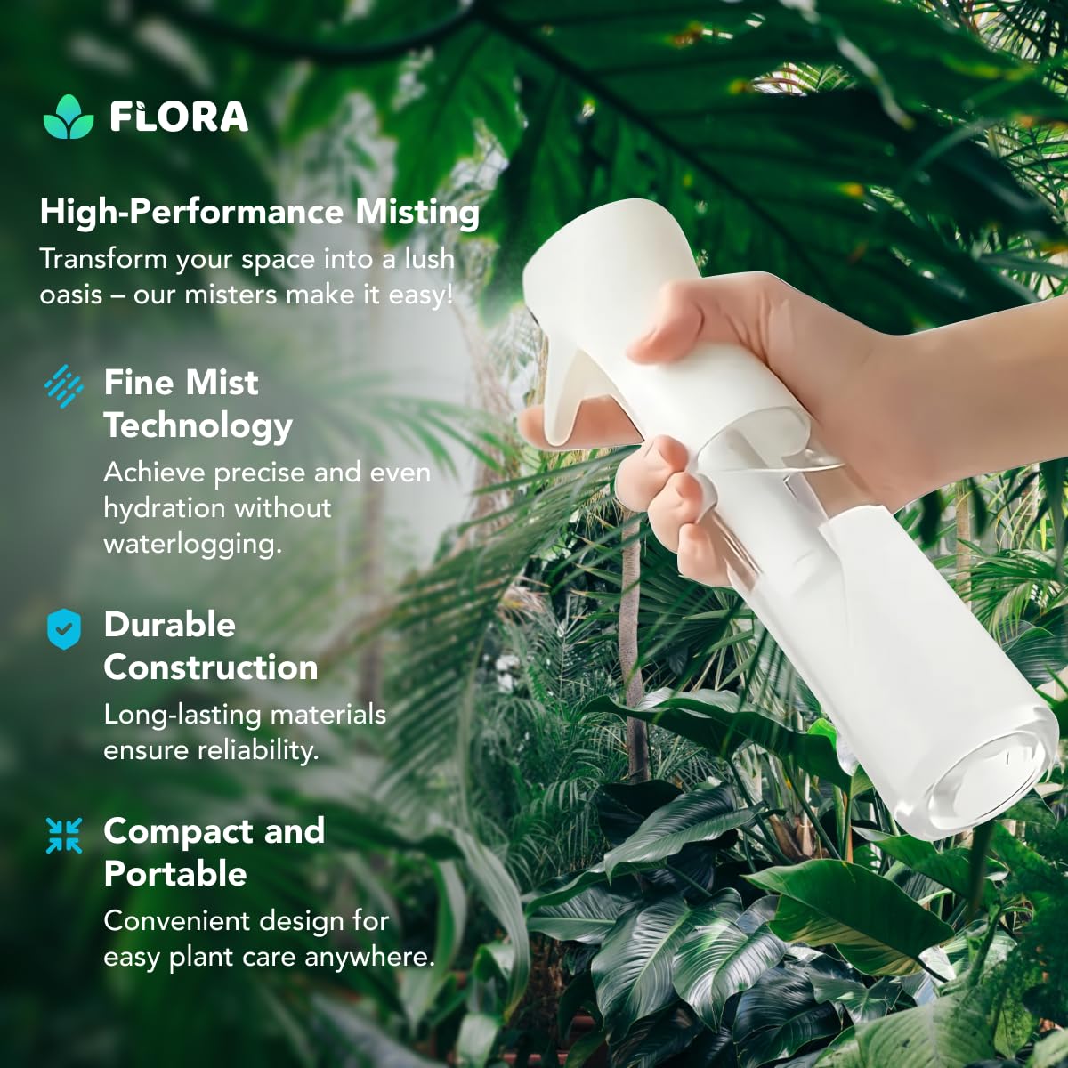 Flora Premium Pflanzen-Sprühflasche für sanften und feinen Nebel für präzise Hydratation, verteilte Feuchtigkeit und Feuchtigkeit, kommt mit App für intelligente Pflanzenpflege, Pflanzenausweis und