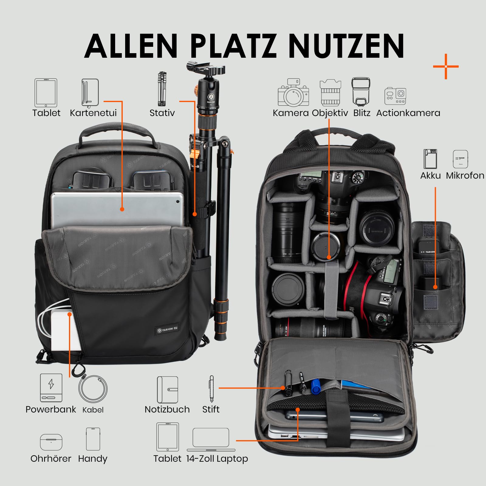 TARION Kamerarucksack Wasserdicht Fotorucksack SLR Kameratasche Kamera Rucksack mit 14 Zoll Laptopfach und Regenschutz für Spiegelreflexkameras-Schwarz