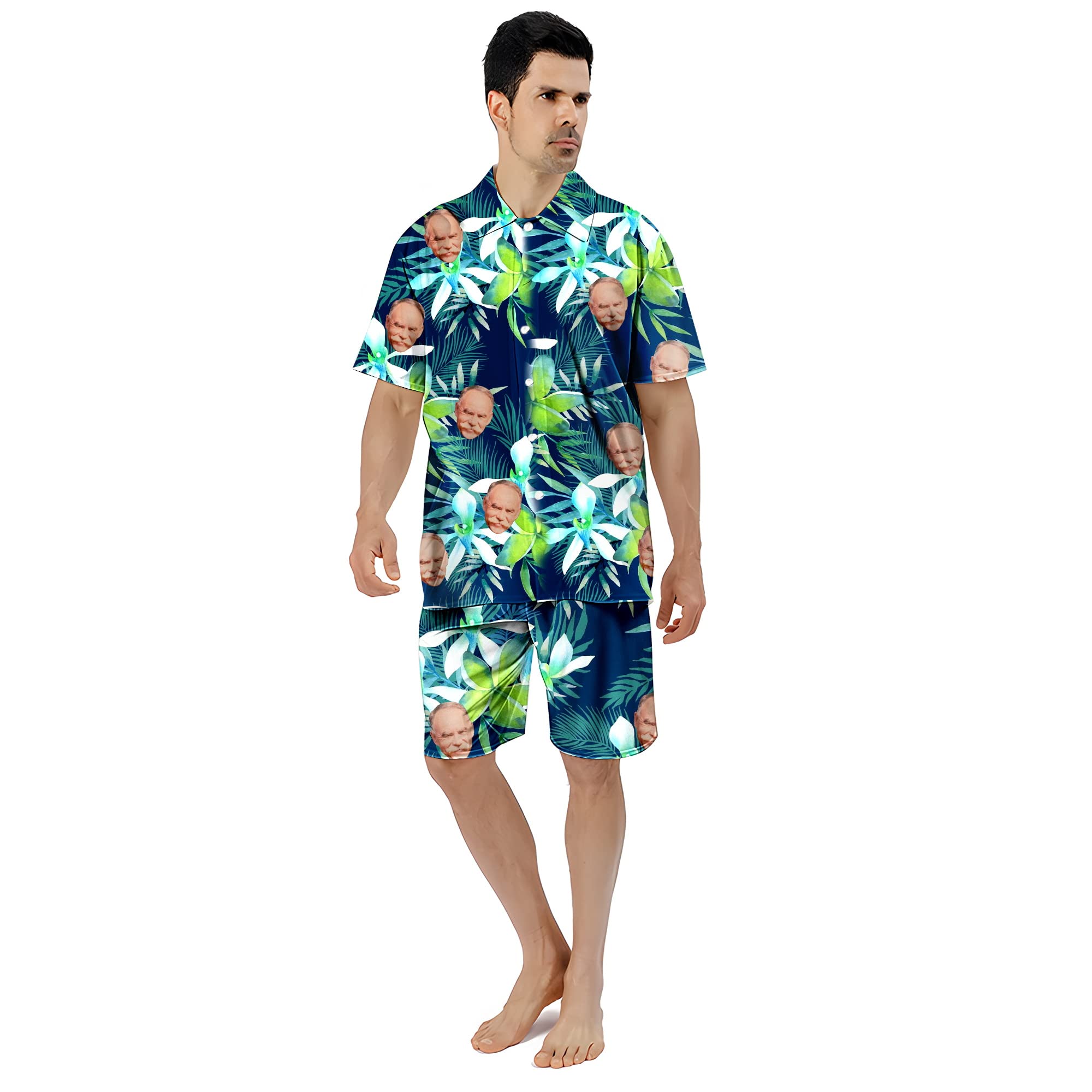 KEMEILA Cara Personalizada Verano Conjunto Camisa Hawaiana | Personalizada Foto Flor Imprimir Camisetas Pantalones Cortos | Camisa de los hombres para la fiesta en la playa