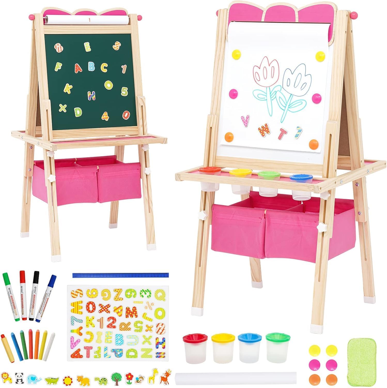 Kids Wooden Easel, All-in-one Toddlers Easel Double Sided Standing Whiteboard Blackboard Children Art Easel with Storage, Height Adjustable Pink Drawing Board for Girls Painting and Writing