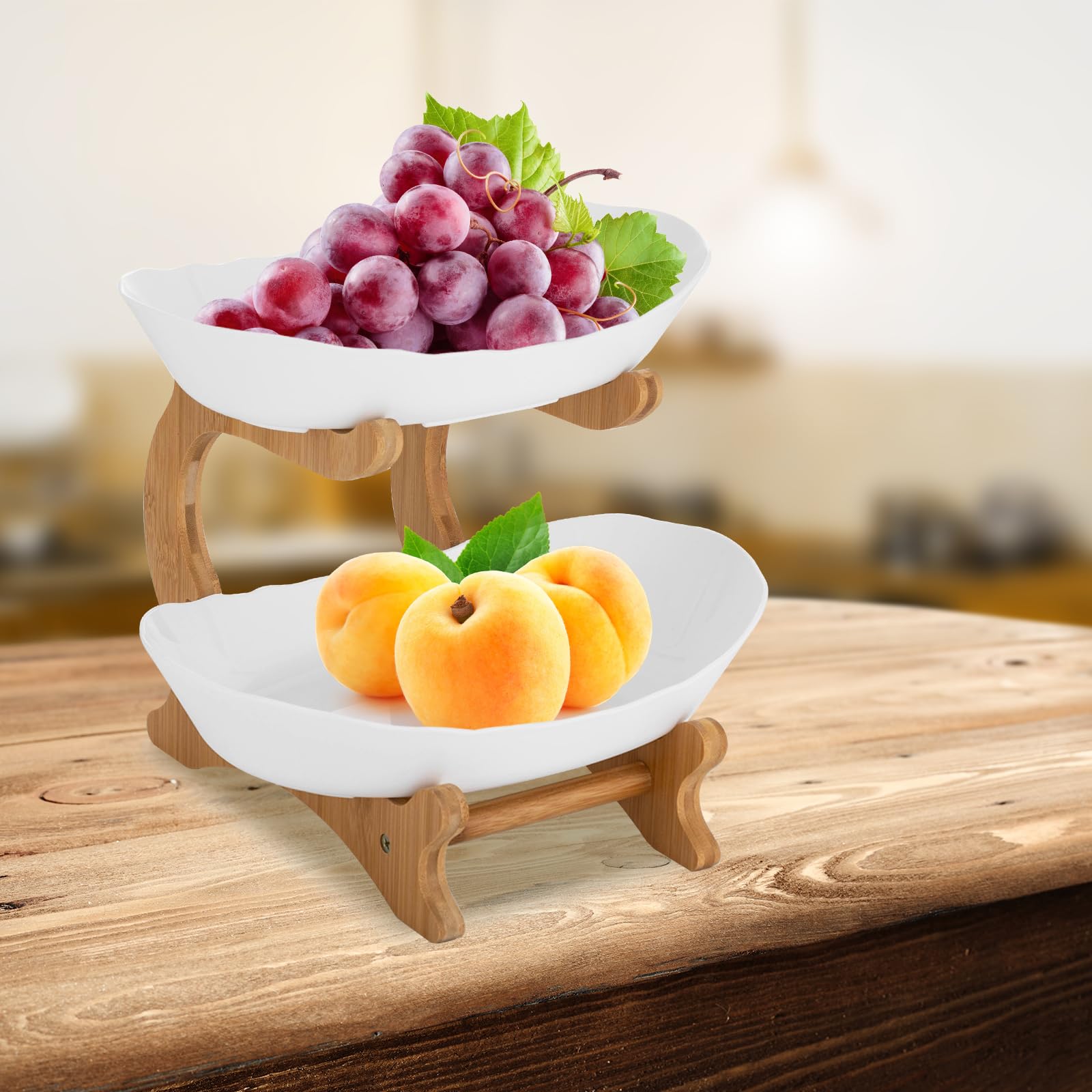 Alzata per frutta, in ceramica, a 2 piani, in porcellana con supporto in bambù naturale, per cene, tavoli da pranzo, matrimoni, feste di compleanno, snack buffet (bianco)