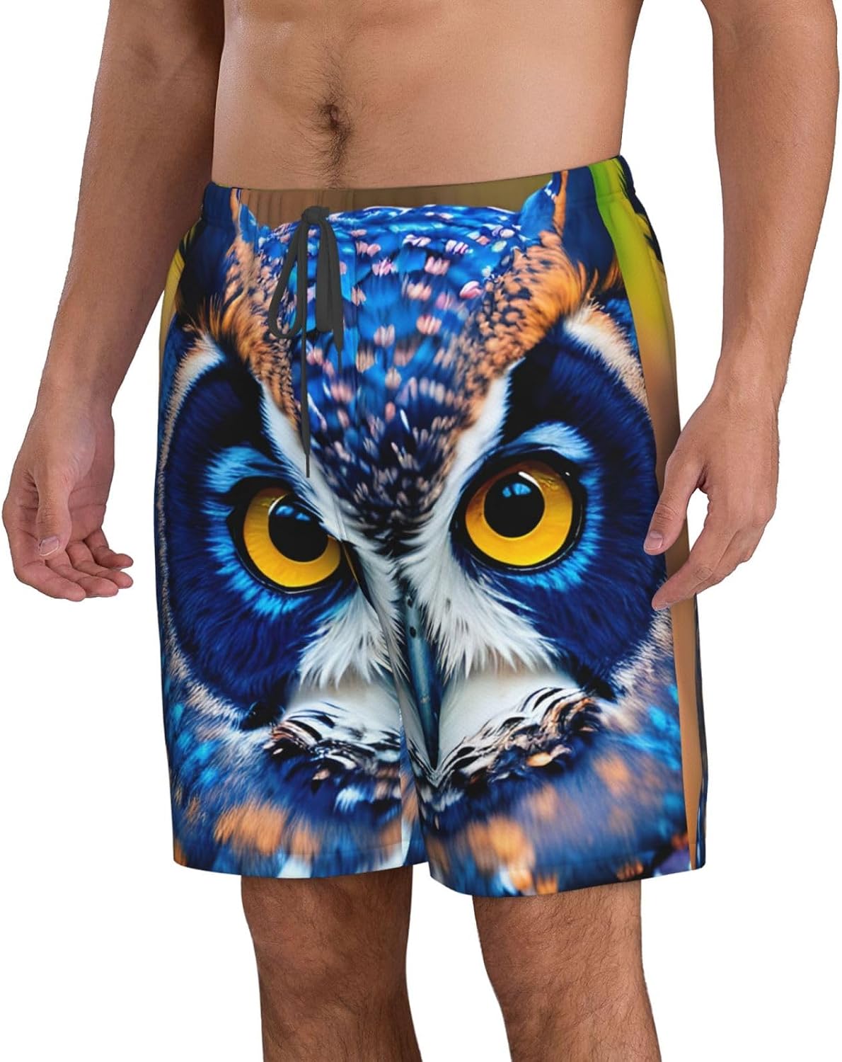 Mens Blue Owl Print Beach Shorts,Casual Summer Shorts for Men,Quick Dry Polyester