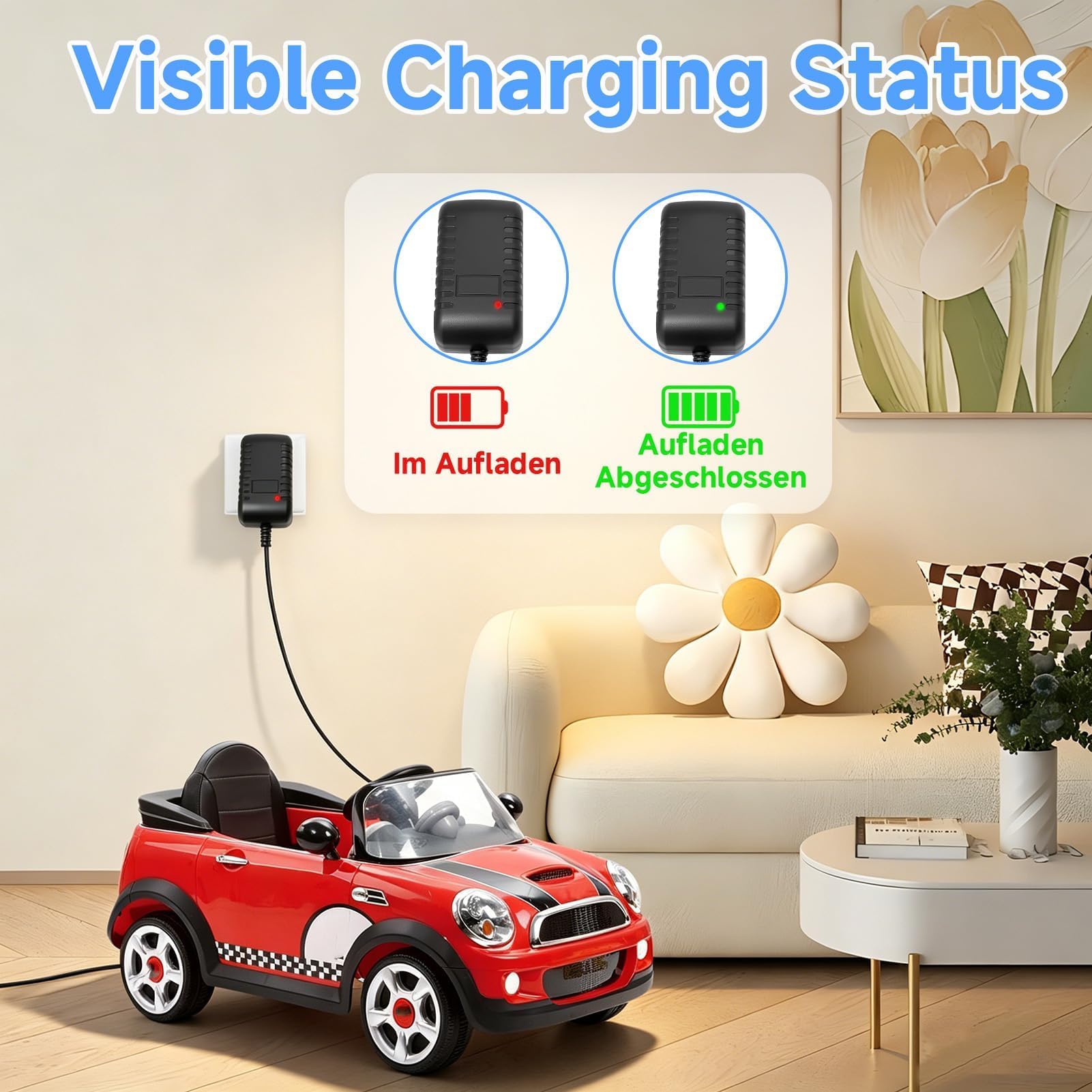 Cargador de Batería 12V para Vehículos Eléctricos Infantiles con Indicador LED Seguro Compatible con Coches de Juguete Moto ATV SUV Conector Cuadrado Compatible con BMX X6, Kid TRAX GMC, Wal-Mart, Mot