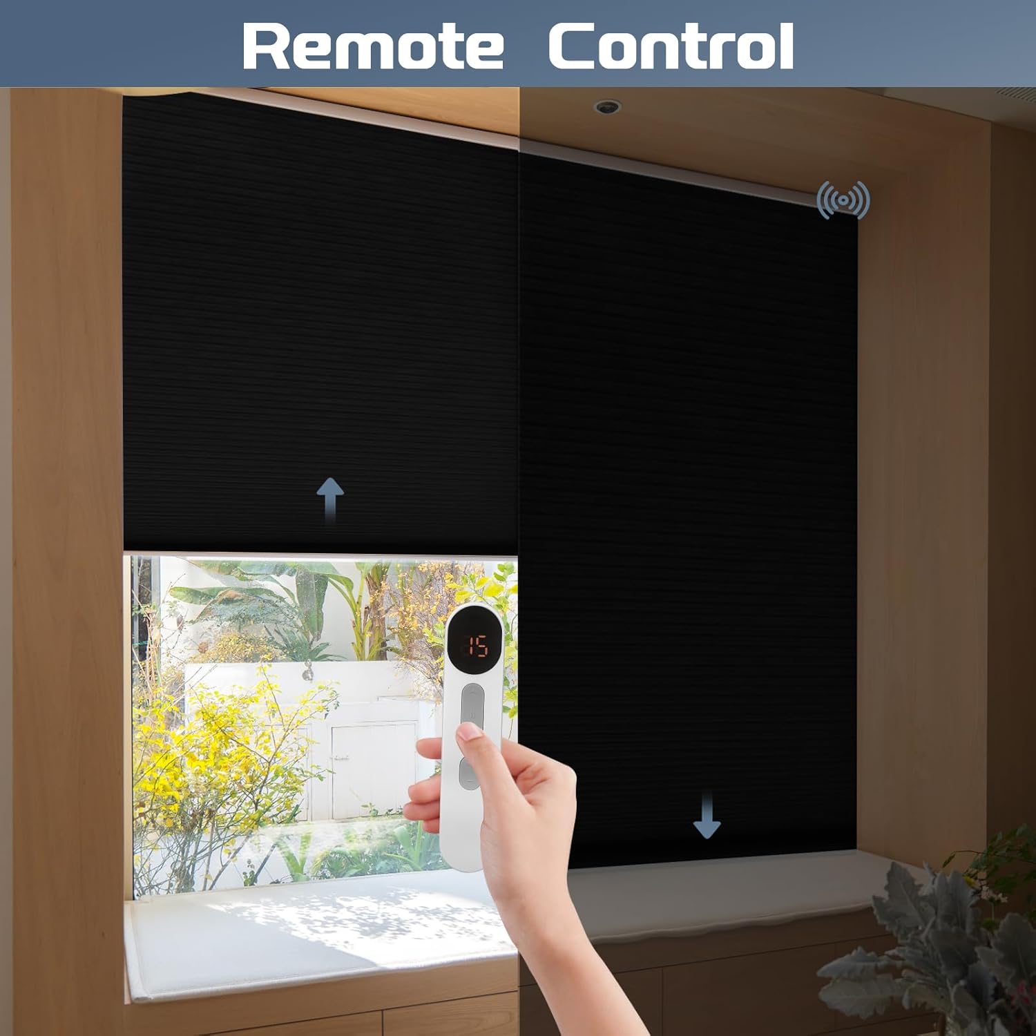 Motorized Cellular Shades Compatible with Alexa Google Home Smart Electric Honeycomb Window Blinds Cordless Rechargeable Remote Control Custom Size Single Cell 100% Blackout Black