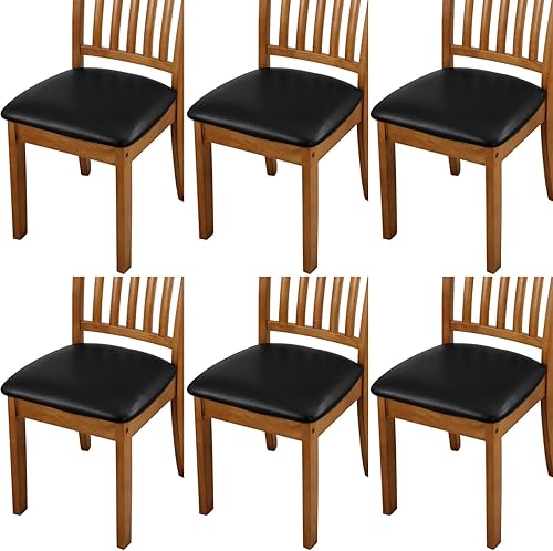Miniatura 9 de Fuloon Juego de 6 fundas para sillas de comedor, de piel sintética sólida, impermeable y resistente al aceite, funda elástica para sillas de comedor