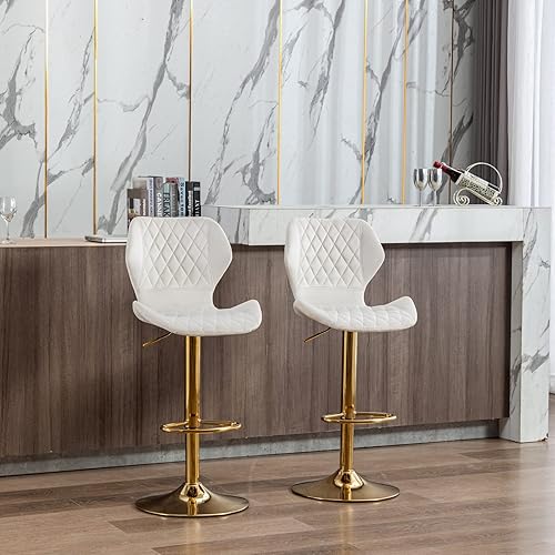 Miniatura 9 de Juego de 2 taburetes de bar giratorios ajustables de altura de mostrador con base dorada, sillas de bar modernas de terciopelo para isla de cocina,