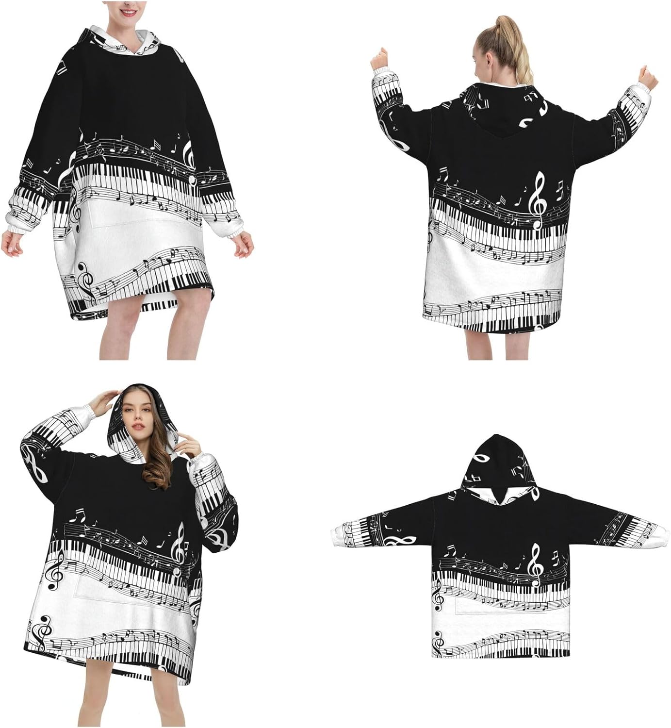 Black White Music Note Print Blanket Hoodie Fleece Sweatshirt Blanket With Sleeves And Pockets