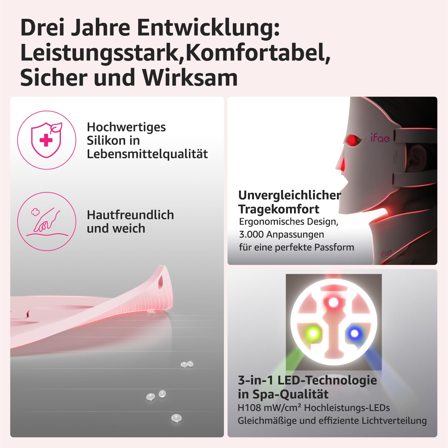 IFAE LED Gesichtsmaske, 630nm&830nm Silikon Rotlichtlampe Gesicht, 396 Chips Rotlicht Maske Gesicht mit 5/10/15/20 Timer, Gesichts & Halsmaske, Wiederaufladbar und Ergonomisches Design(Hellrosa)