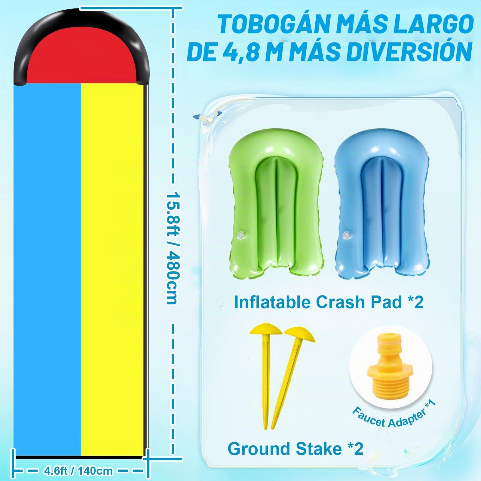 15.7ft/480cm Tobogán de Agua con 2 Tablas,Tobogán Acuático para Césped,Juguetes de Verano de Exterior,Jardín y Playa para Niños Adultos
