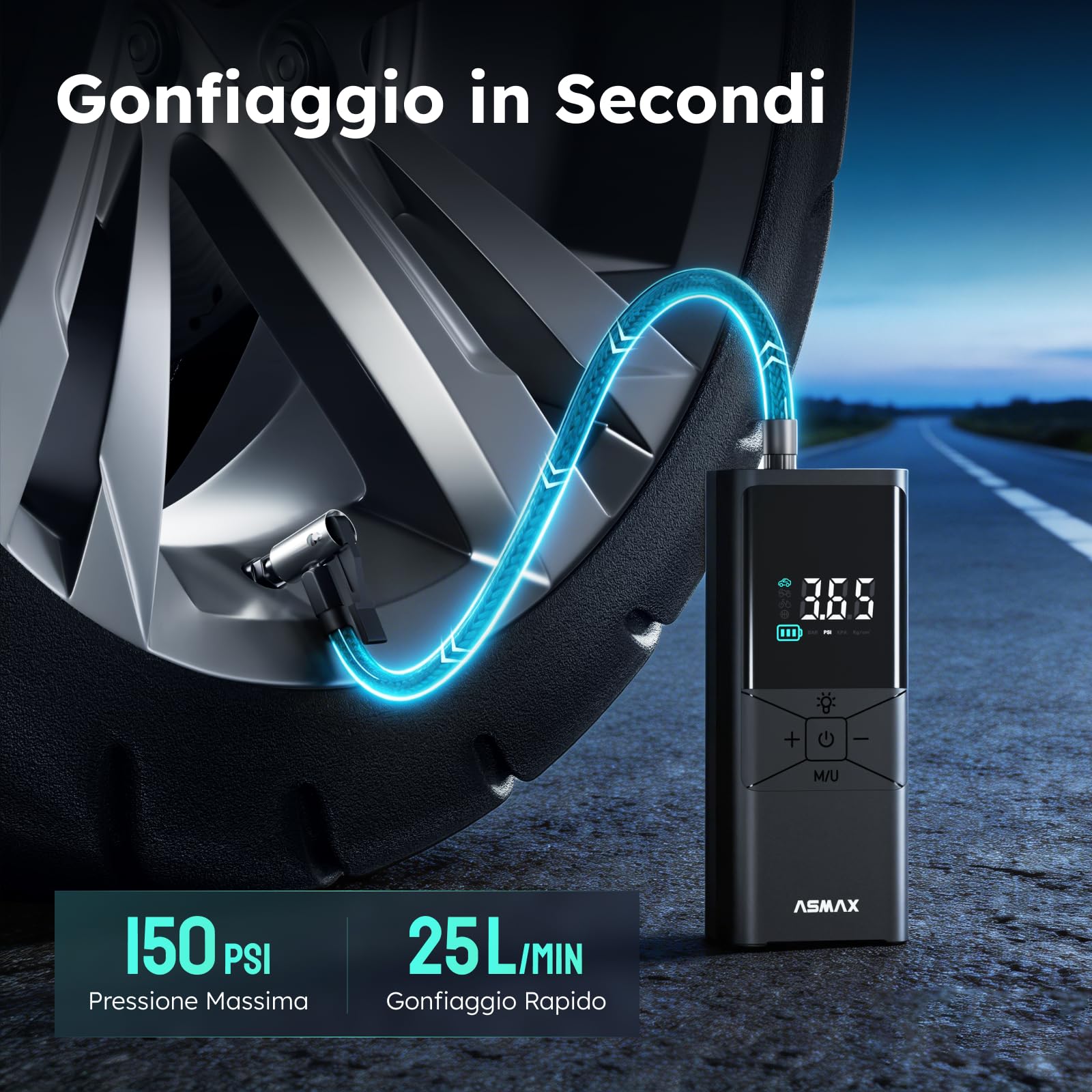 ASMAX T40 Compressore d'Aria Portatile 150 PSI con Batteria 6000mAh | Gonfiatore Elettrico Senza Fili, Display Digitale, Spegnimento Automatico e Luce LED, per Auto, Moto, Biciclette e Palloni