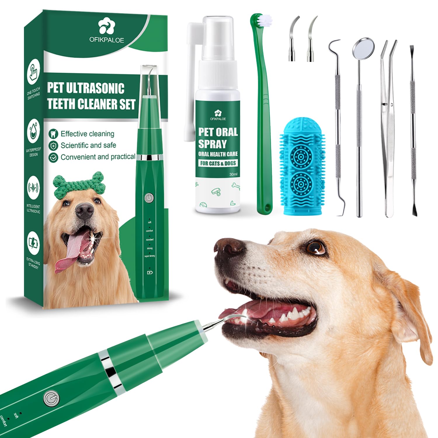 Dog Teeth Cleaning Kit with Pet Oral Spray, Dog Dental Care-Plaque Remover for Teeth, Cleans and Relieves Tooth Sensitivity, Universal for Dogs & Cats, Dark Green