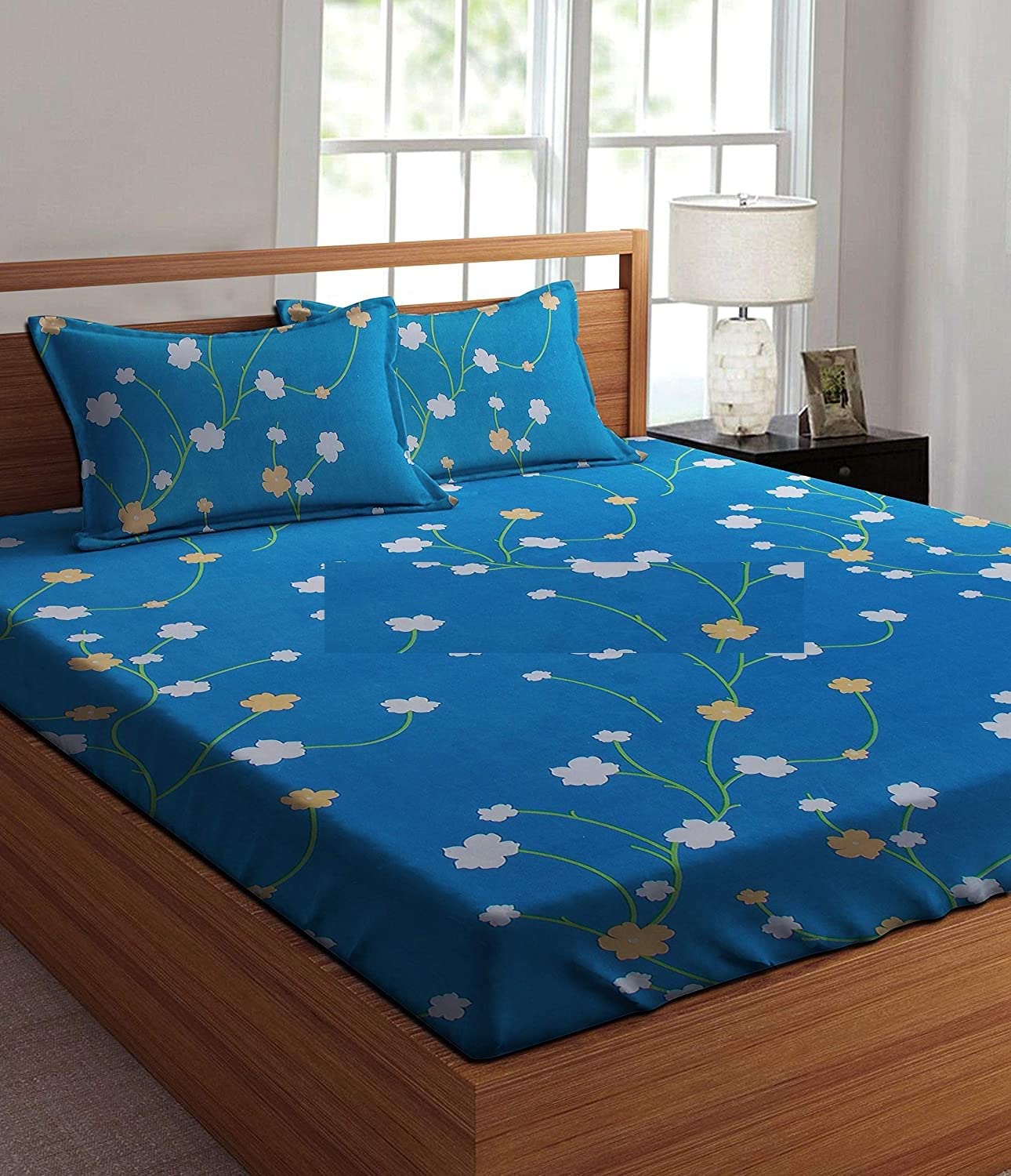 Yellow Glace Cotton Bedsheet - Fitted Sheet with Pillowcase -13