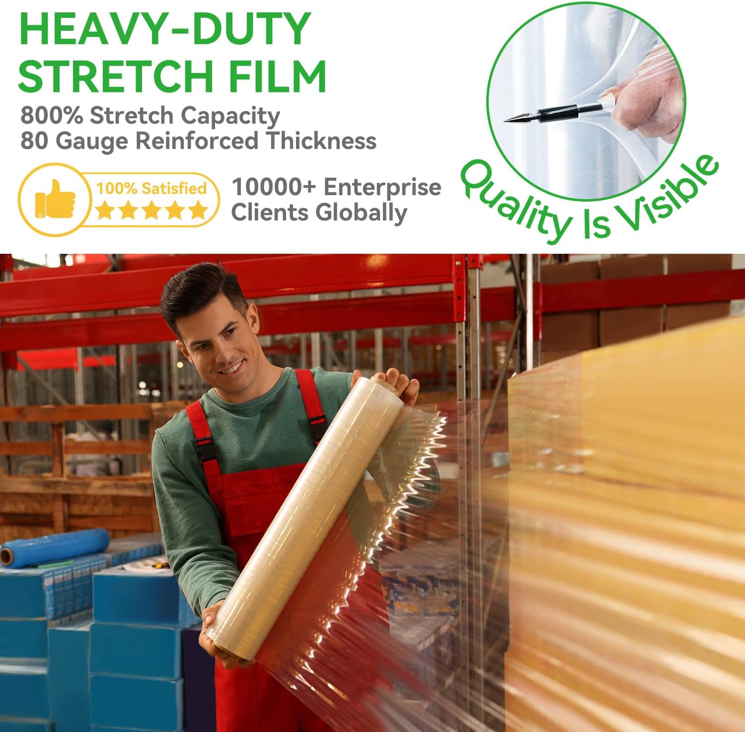 18" x 1500' Plastic Stretch/Shrink Wrap Roll - 80 Gauge Industrial Shrink Wrap for Moving, Heavy Duty 800% Stretch for Pallets, Packing, Shipping&Furniture Protection​-4 Rolls