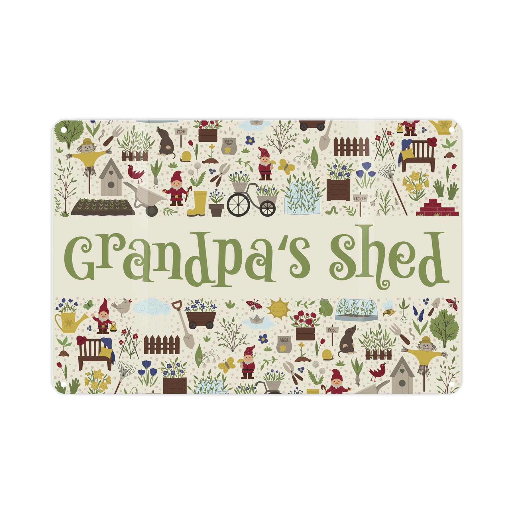 Grandpas Shed Sign - Green Cartoon Gardening Doodles Metal Plaque Plants Garden Present - Wall Decor 28cm x 20cm Gifts for Fathers Day