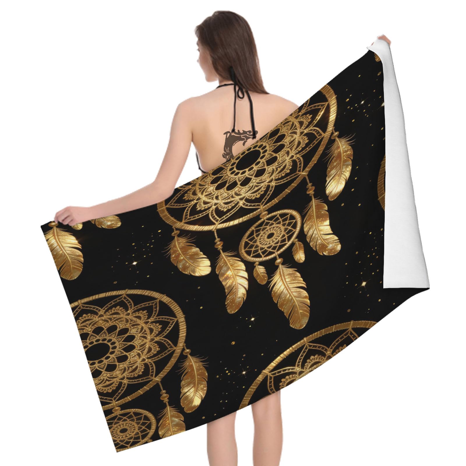 Leichong 3D Golden Dreamcatcher Beach Towel Microfiber Soft Quick Dry for Adults, Starry Sky Bath Towel Lightweight Soft Absorbent for Travel Swimming Pool Sports, 75 x 150 cm