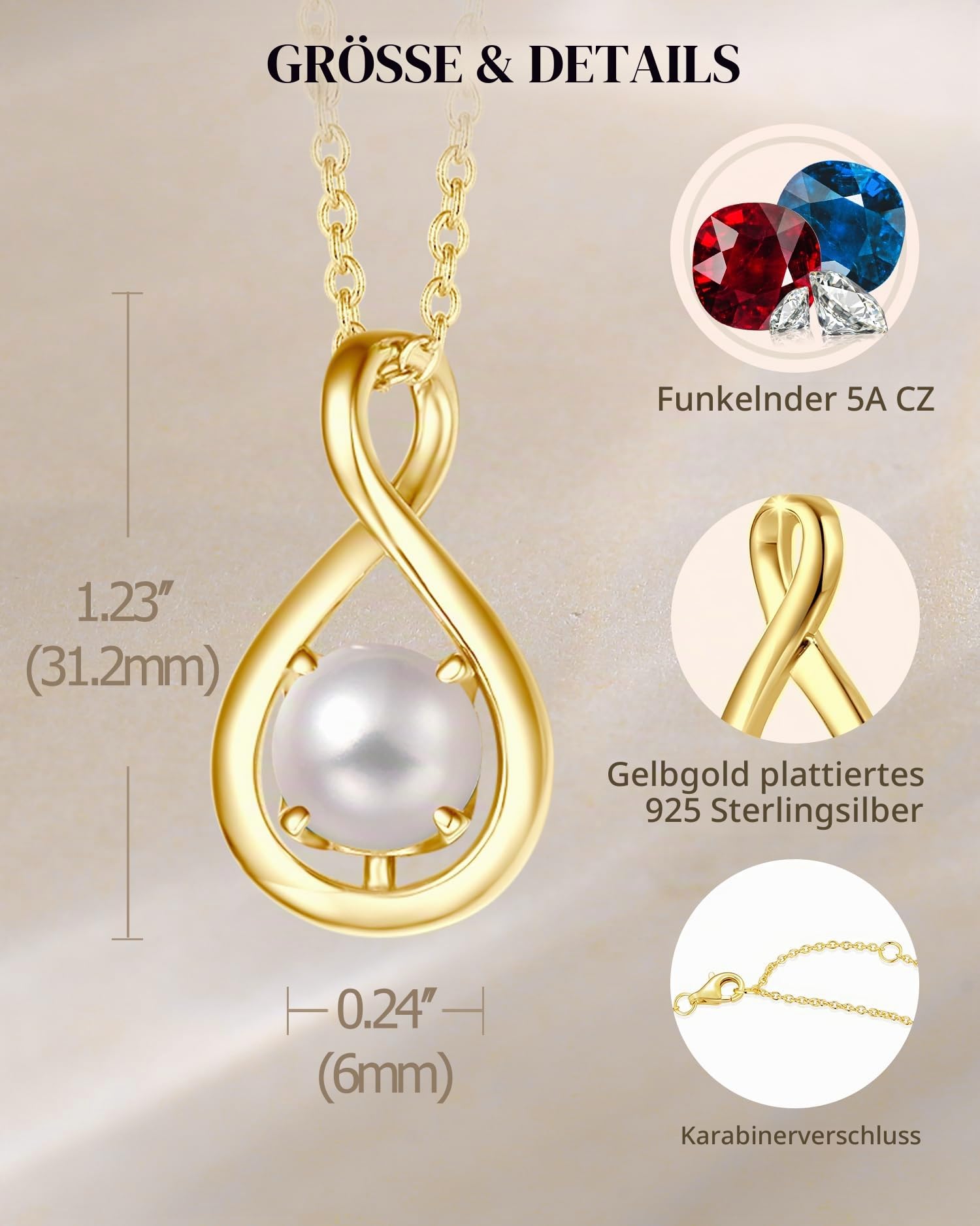 FANCIME Infinity Anhänger Halskette für Damen mit Weiß imitierte Perle