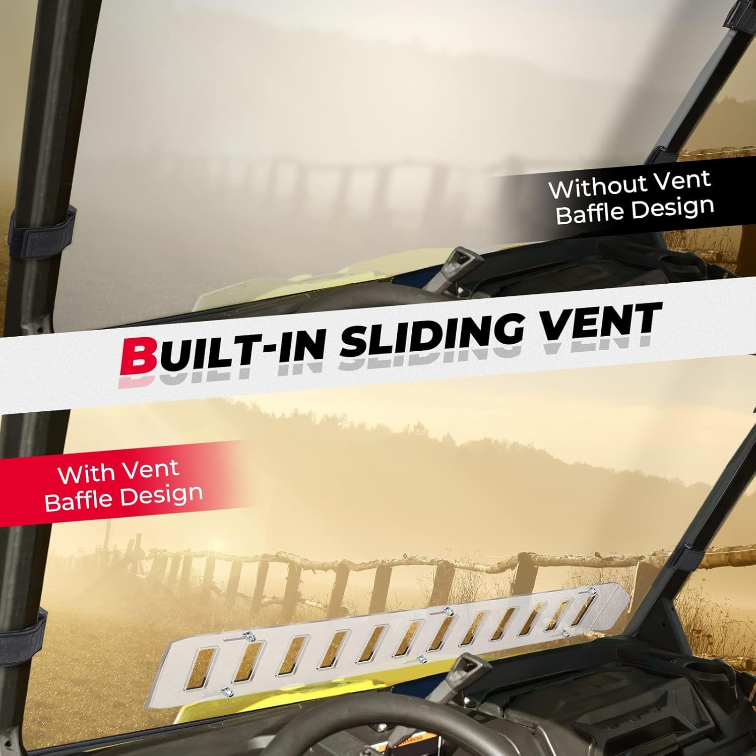 KEMIMOTO Vented Front Windshield Compatible With 2016-2026 Can-Am Defender HD5/HD8/HD10/MAX, Scratch-Resistant Hard Coated Clear Polycarbonate (With Slide-Vent)