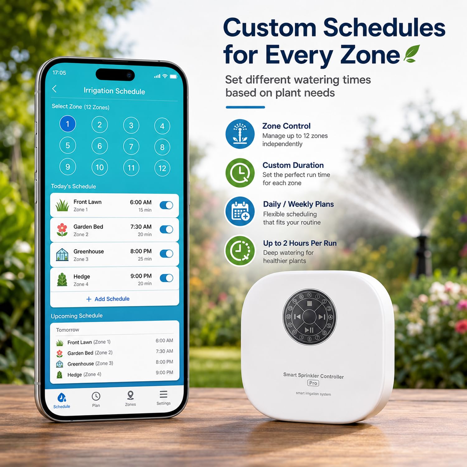 Computer di irrigazione intelligente Wi-Fi, 12 zone, controllo dell'irrigatore controllato tramite app, per giardino e prato, regolazione automatica del meteo, salto del sensore di pioggia, facile