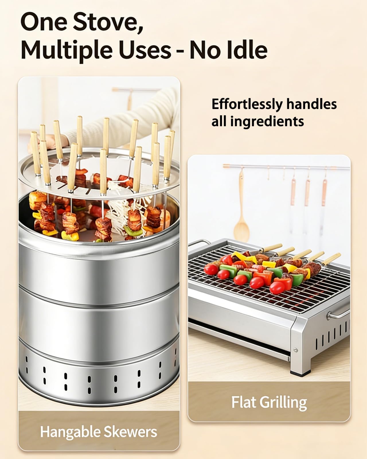 Kebab grill ze stali nierdzewnej, dwuwarstwowy grill bezdymny z 28 szpikulcami, do pieczenia 360°, idealny na piknik, kemping, podróż, duży rozmiar bez użycia węgla