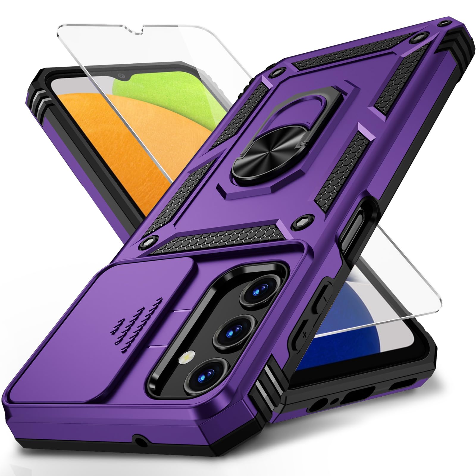 Vinve for Samsung Galaxy A03S Case with Slide Camera Lens Cover, HD Screen Protector, Military Grade Drop Protection, Magnetic Rotated Ring Holder