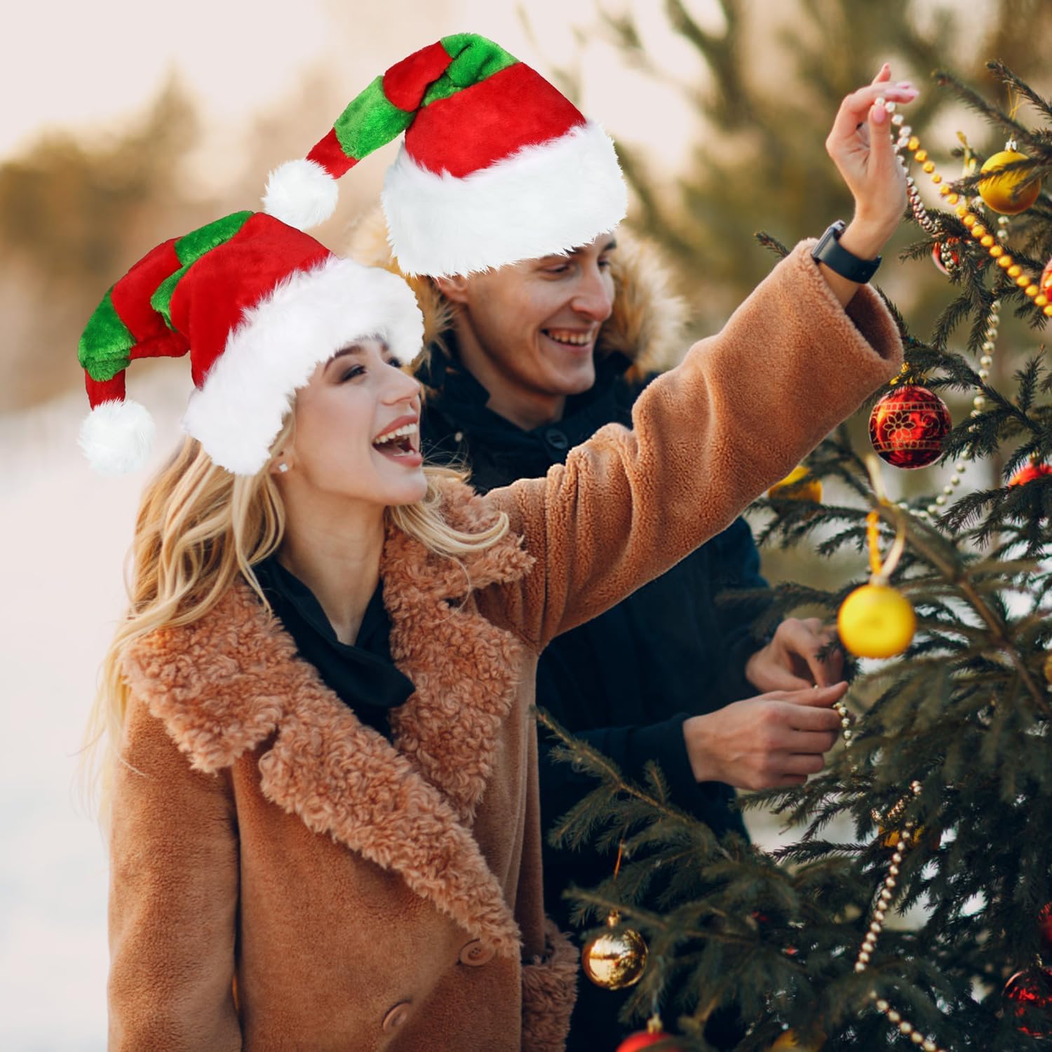 Santa Hat for Adults,Unisex Velvet Classic Red And Green Santa Elf Hat for Christmas Holiday Party Decoration - Image 4