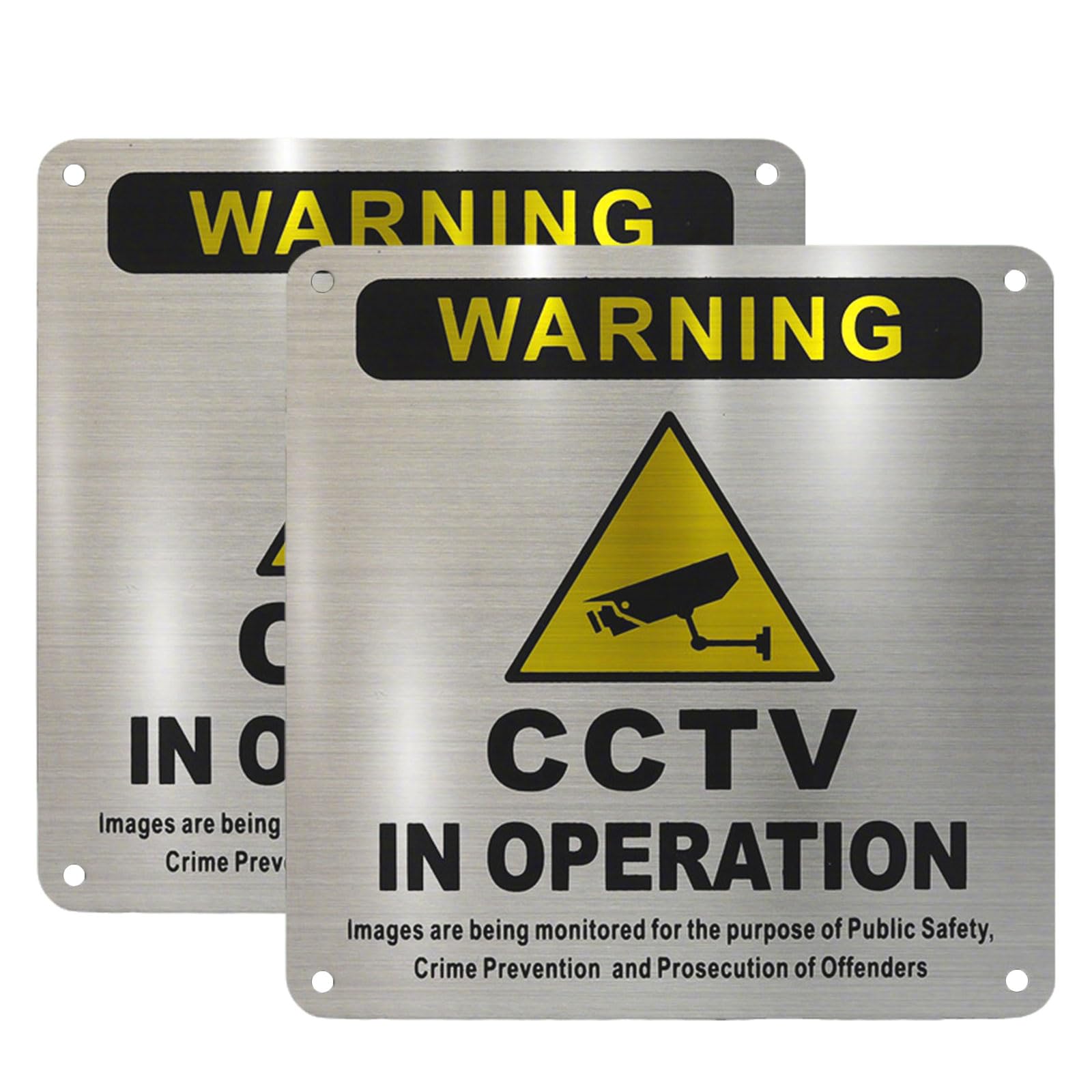 Pre-Drilled Aluminium CCTV Sign 15x15cm, 2 Pack Brushed Metal CCTV in Operation Sign