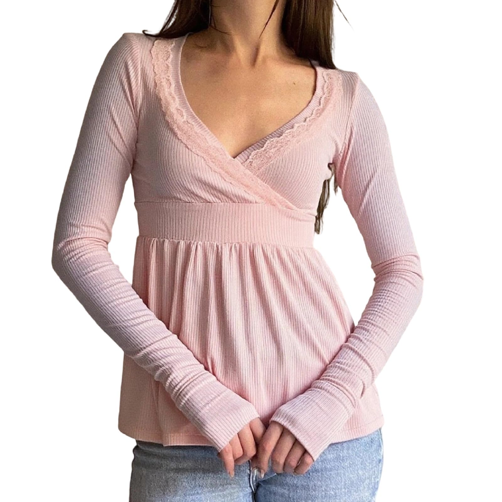 Fairy Grunge Shirts for Women Y2K Tops Long Sleeve Lace Patchwork Tees Teen Girls Vintage Slim Blouse Fall Clothes