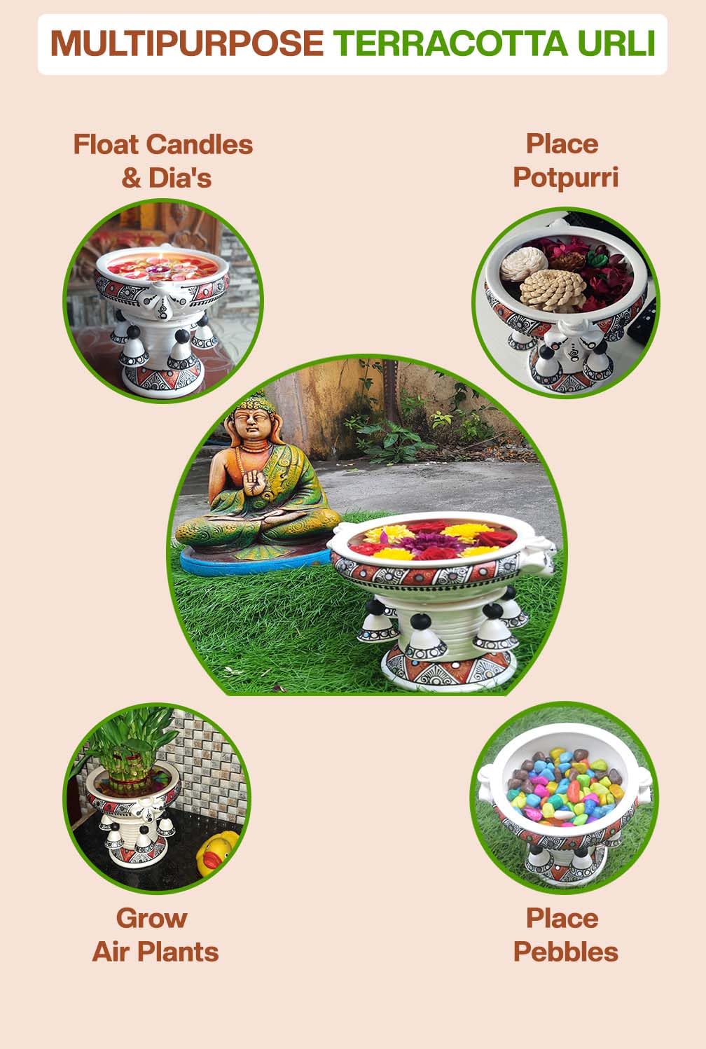 Handmade Terracotta Decorative Flower Pot/Uruli/Urli with Stand (Medium) - Image 8 thumbnail