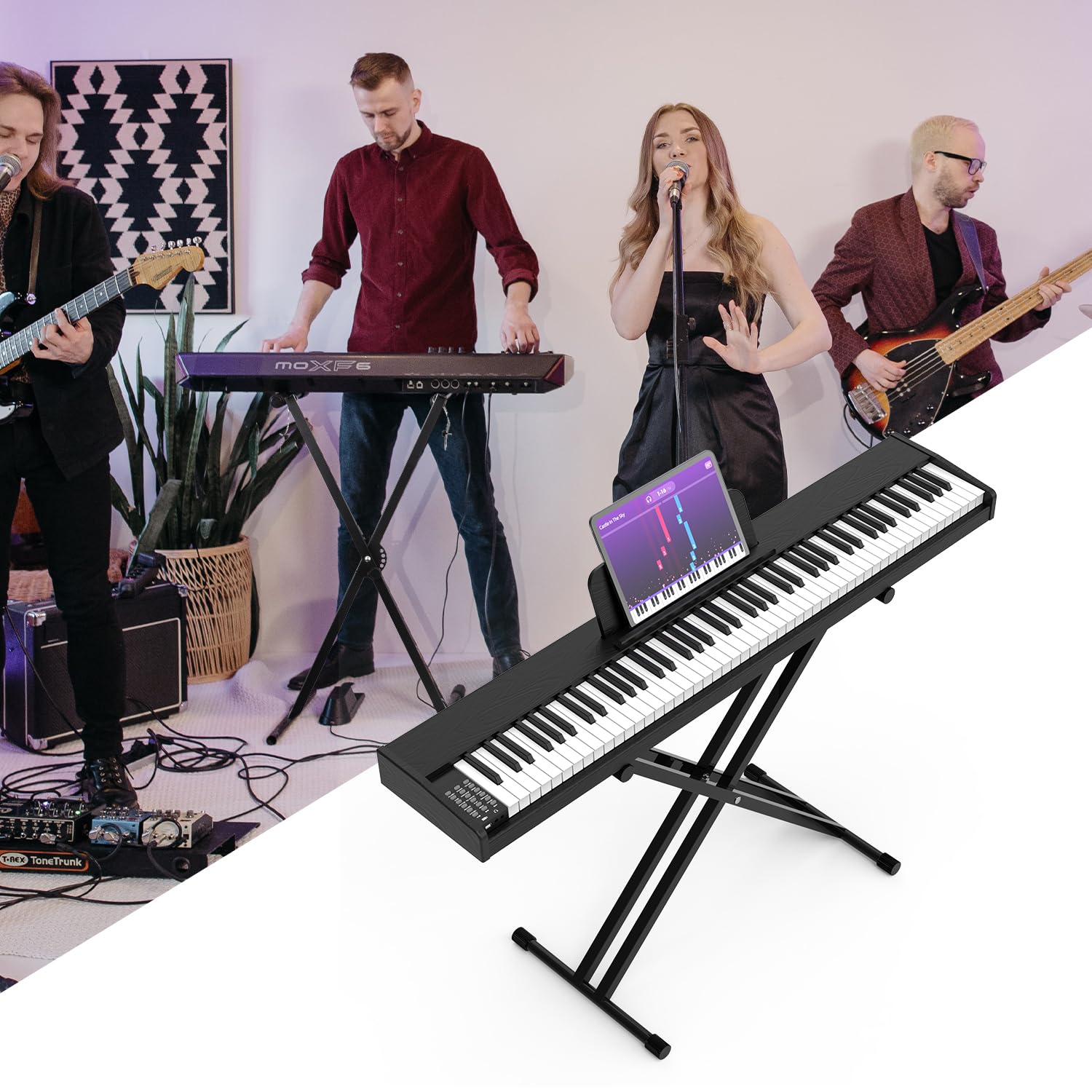 Keyboardständer für E-Pianos,X-förmig Doppelstrebiger E-Piano Ständer mit Verriegelungsriemen und Schnellspannmechanismus,Keyboard Ständer verstellbar 32 cm bis 97 cm für 54 61 76 88 Tasten (Schwarz)