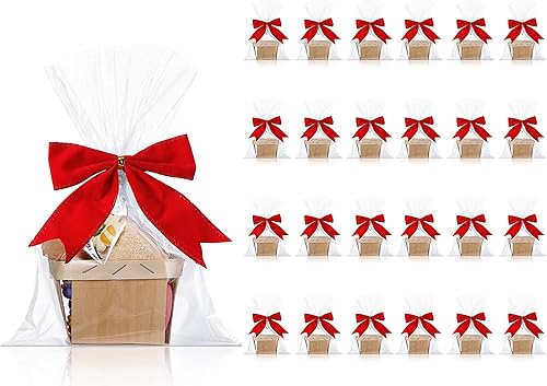 Miniatura 9 de Kigley Juego de 24 cestas de regalo de madera vacías de 4 pulgadas, canasta de bayas de imitación de yute, bolsas transparentes para dulces para