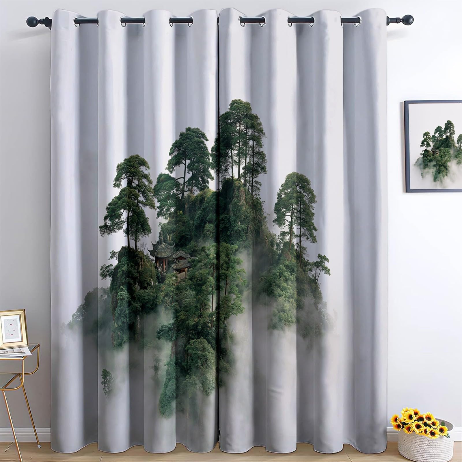 Generisch Vorhang Wolken Wald Verdunkelungsvorhänge 140 x 260 cm (2er Set) - Thermogardine Blickdicht mit Ösen, UV-Schutz Vorhänge für Schlafzimmer & Wohnzimmer Weiß Geheimnis Kiefern Natur