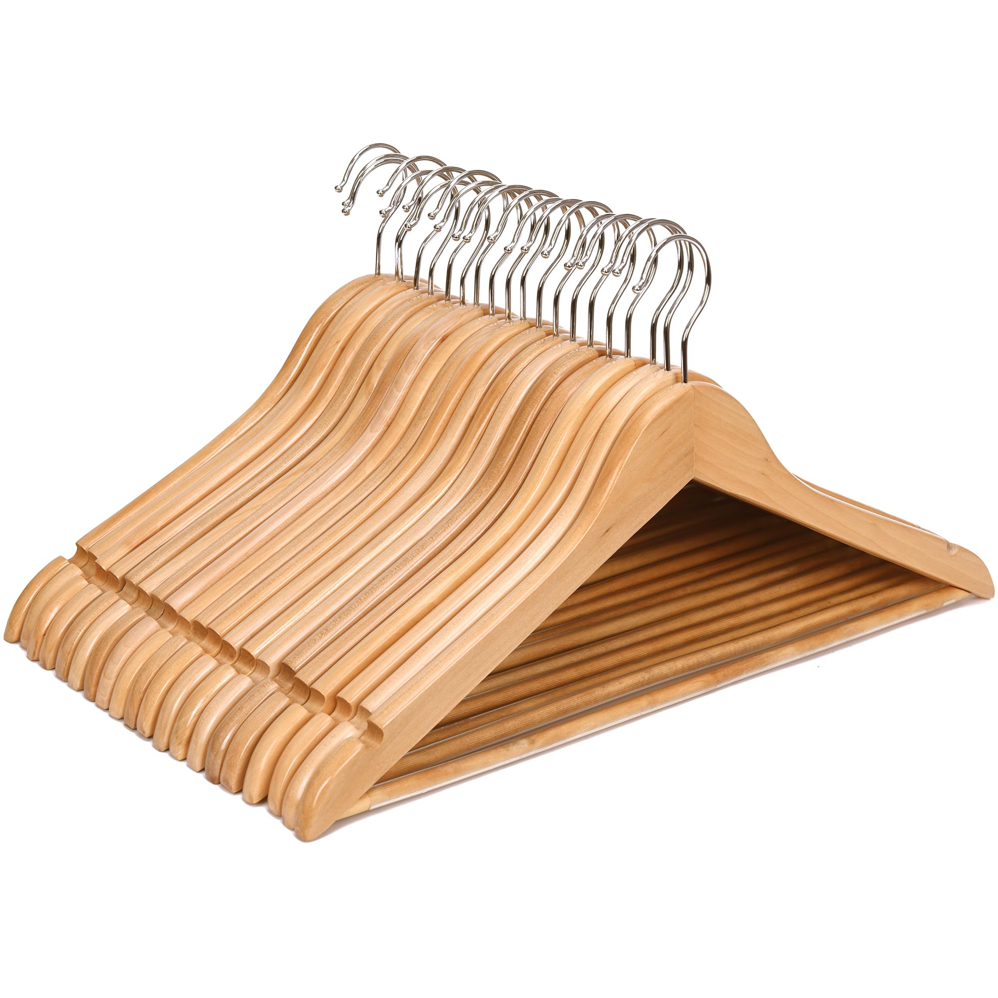 J.S. Hanger Multifunctional High-Grade Solid Wood Suit Hangers, Natural Finished Coat Hanger with Round Bar, 20-Pack