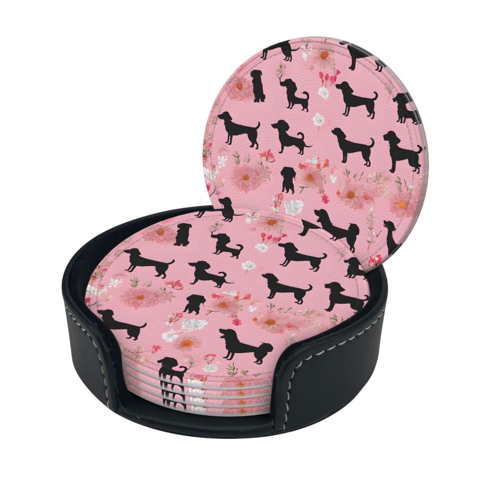 French Bulldog and Flowers Print Coaster,Round Leather Coasters with Storage Box for Wine Mugs,Cold Drinks and Cups Tabletop Protection (6 Piece)
