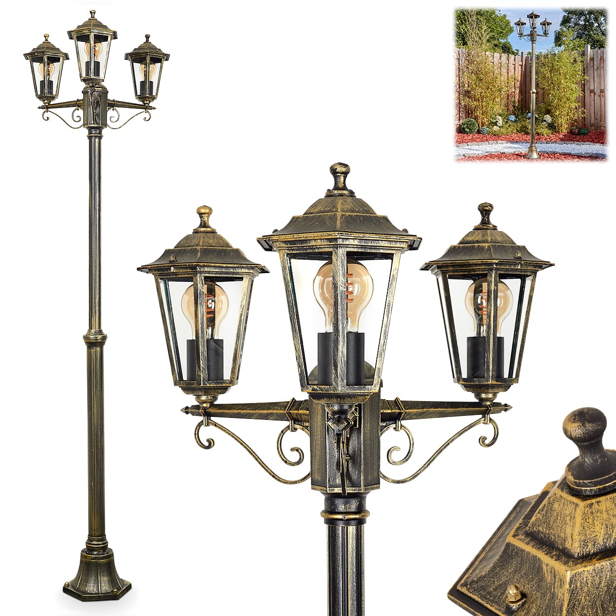 HOFSTEIN Candélabre Loria, éclairage extérieur de chemin en métal/verre, doré/marron/clair, au design antique/vintage pour jardin/extérieur/terrasses, hauteur : 200 cm, 3 x E27, sans ampoule, IP44
