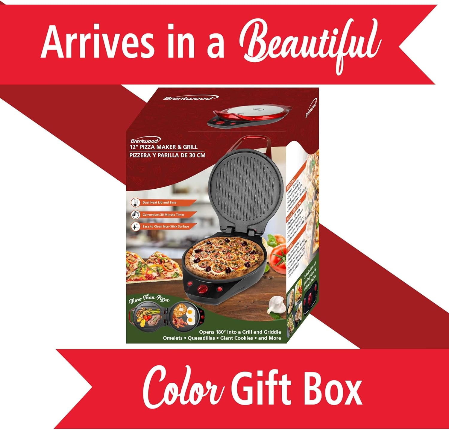 Brentwood TS-124R 12-Inch Non-Stick Pizza Maker and Grill with Timer, Red