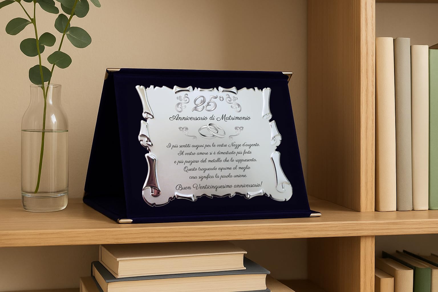 Targa per Venticinquesimo Anniversario di Matrimonio | Congratulazioni 25° Anniversario di Nozze | Regalo Nozze d'argento Pergamena su Cofanetto Blu